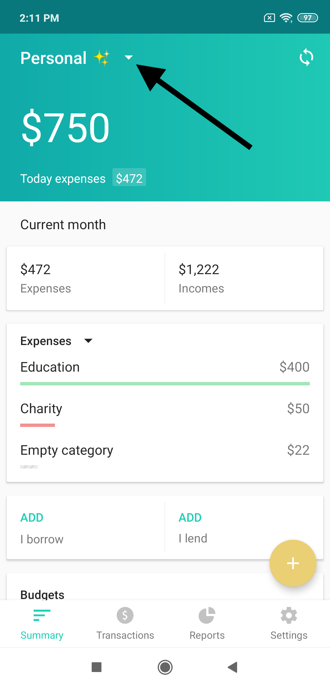 Android: Summary screen, arrow at the wallet name