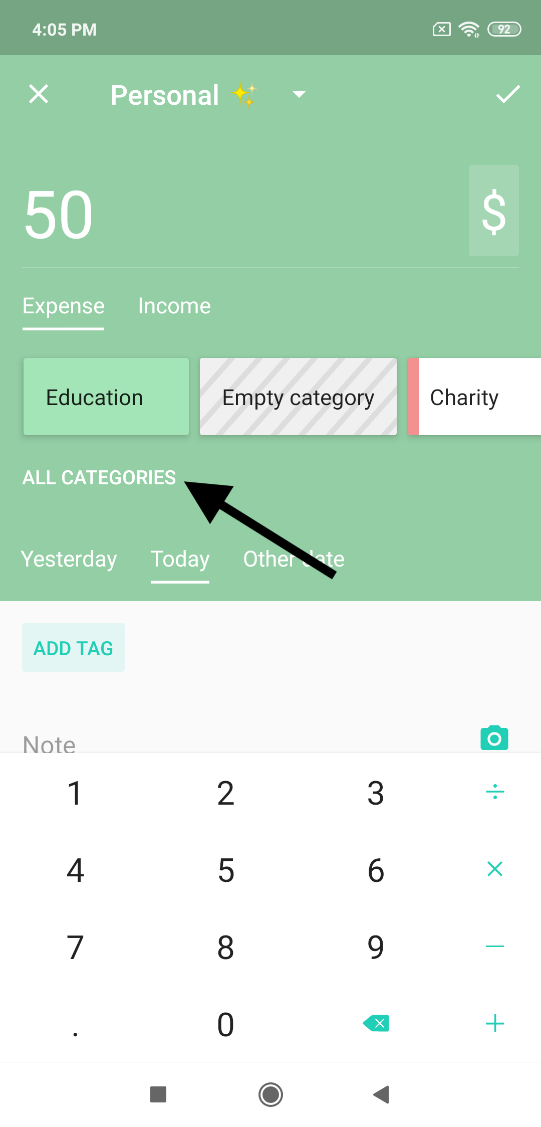 Android: new expense, the All categories button