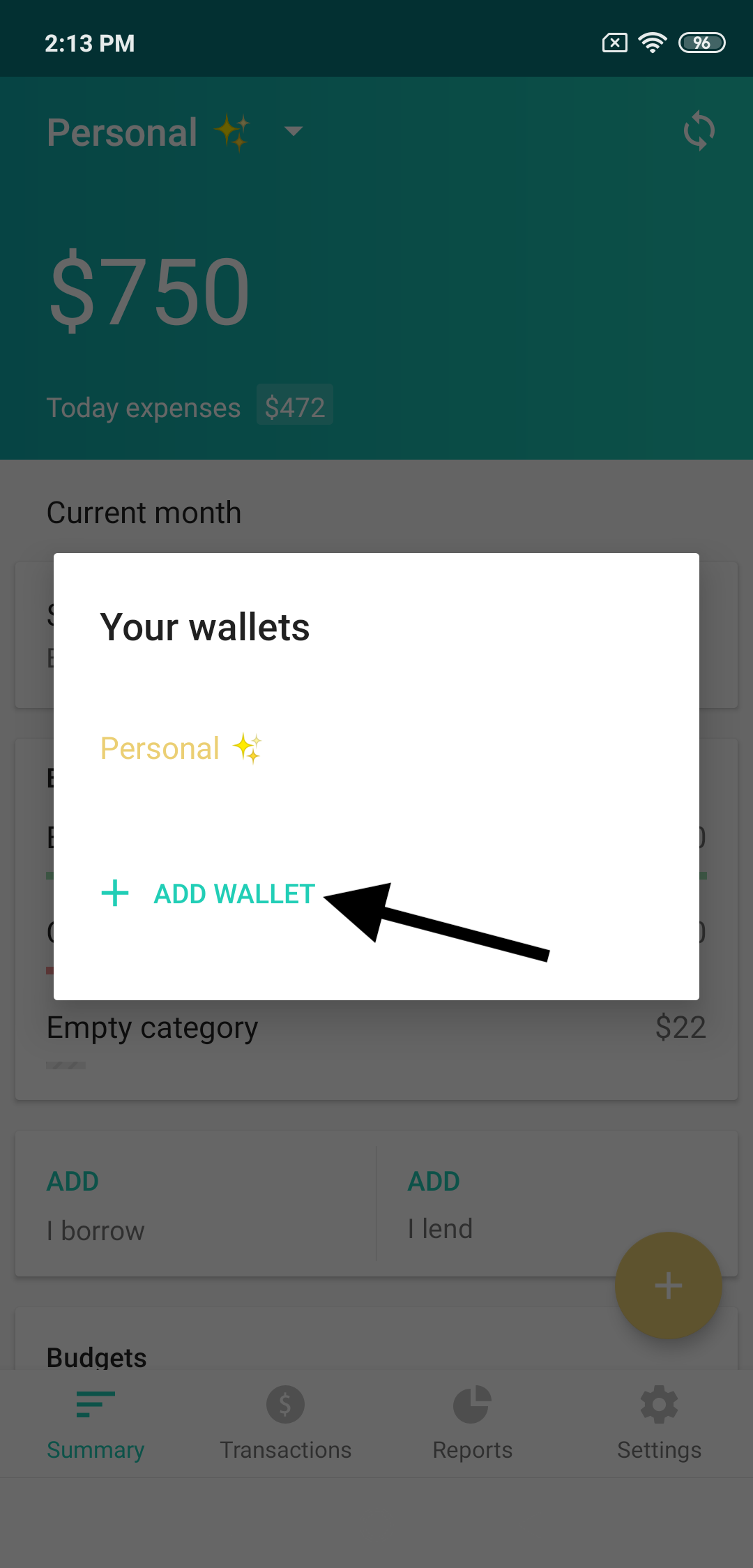 Android: wallet list, the Add wallet button