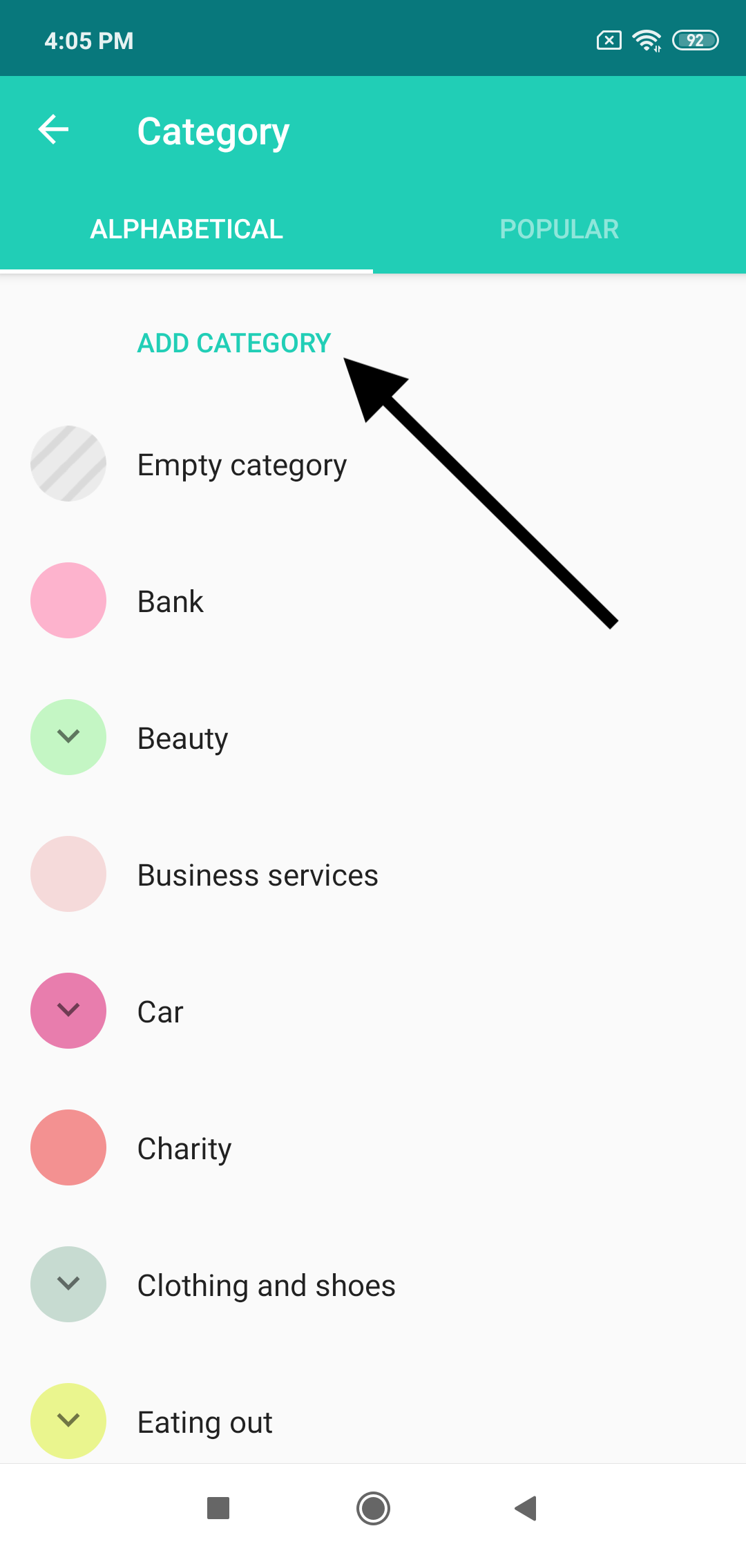 Android: category list, the Add category button