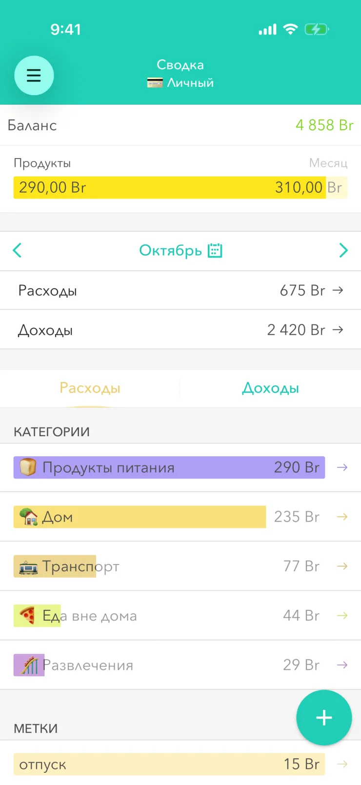 Галоўны экран Moneon на iPhone: баланс 4 858 Br, бюджэт на прадукты 290,00 Br з 310,00 Br