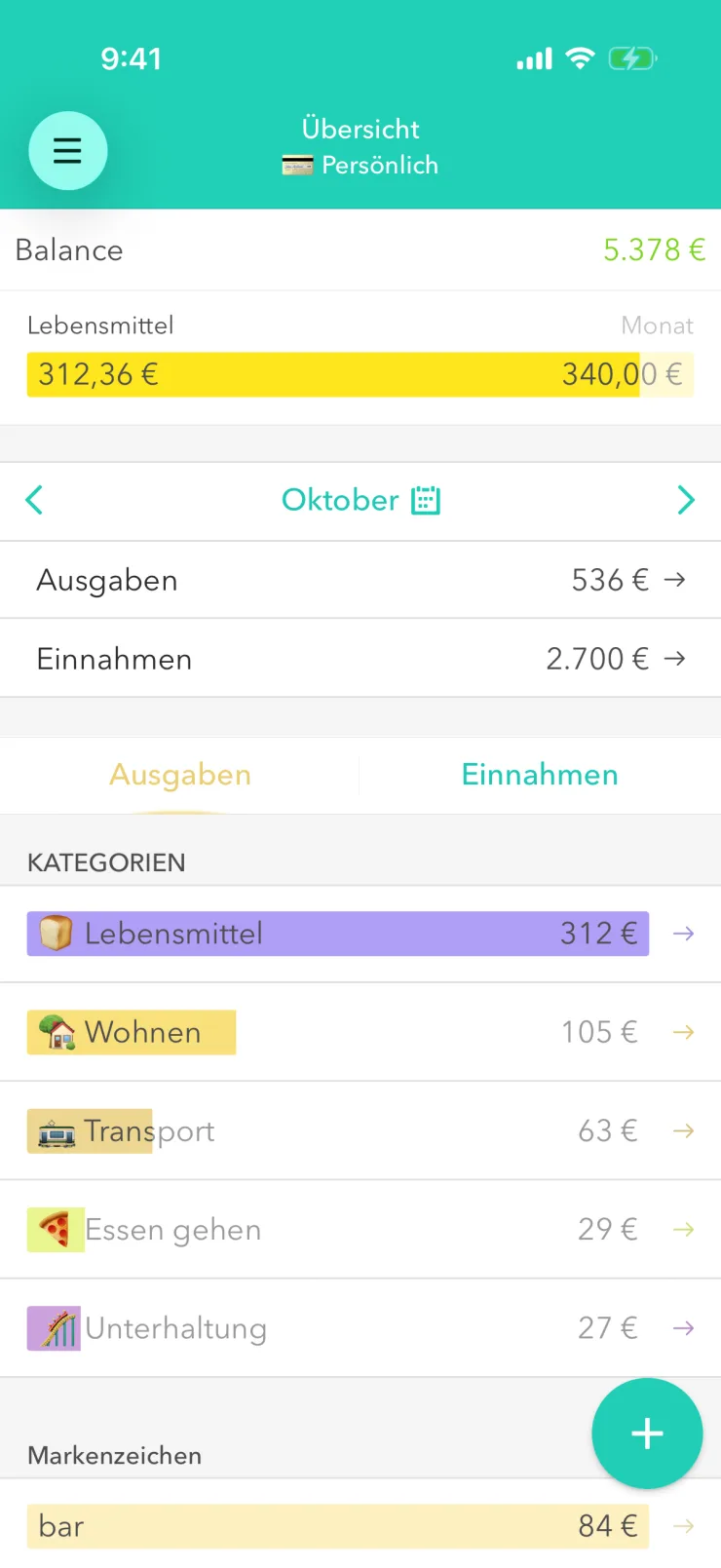 Bildschirm „Übersicht“ in Moneon auf dem iPhone: Balance 5.378 €, Budget „Lebensmittel“ 312,36 € von 340,00 €