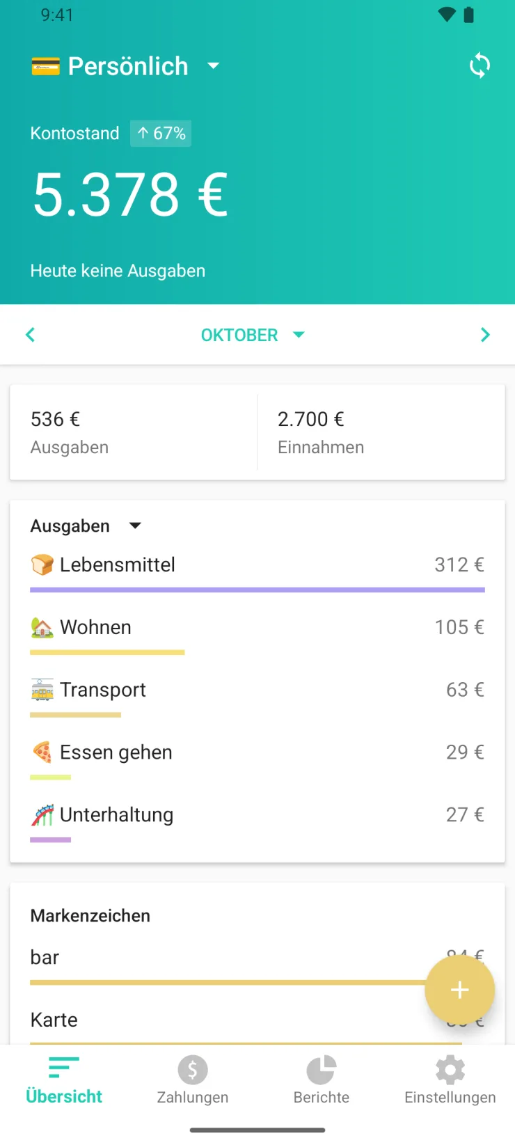 Bildschirm „Übersicht“ in Moneon auf Android: Kontostand 5.378 €, Lebensmittel 312 €