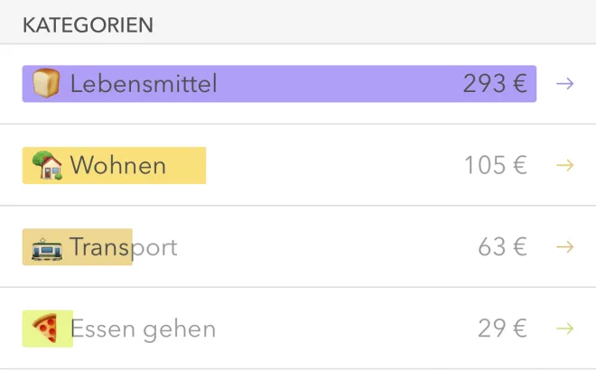 Ausschnitt aus Moneon: Bereich „Kategorien“ – Lebensmittel 293 €, Wohnen 105 €, Transport 63 €, Essen gehen 29 €