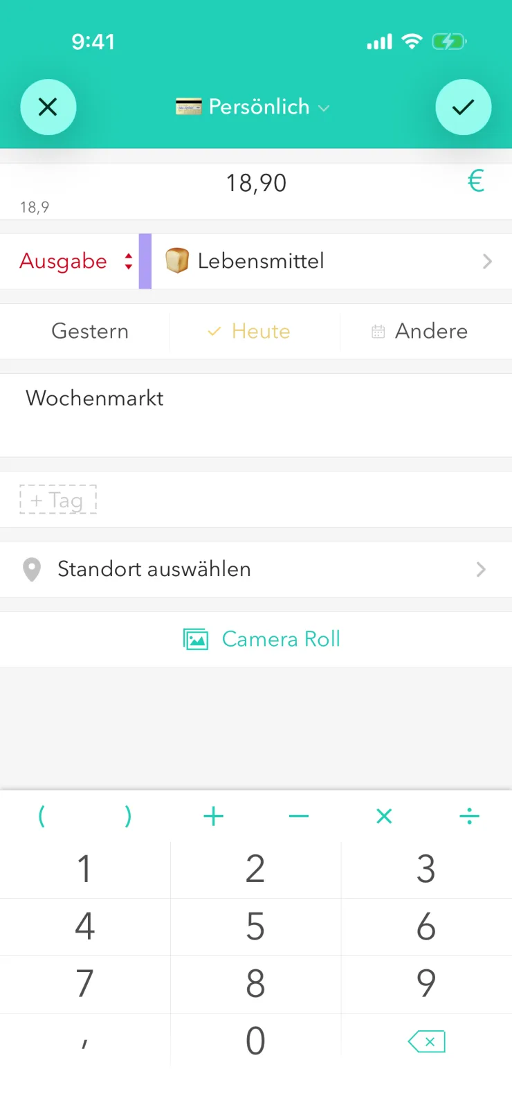 Neue Ausgabe: Betrag 18,90 €, Kategorie „Lebensmittel“, Notiz „Wochenmarkt“, darunter der Ziffernblock