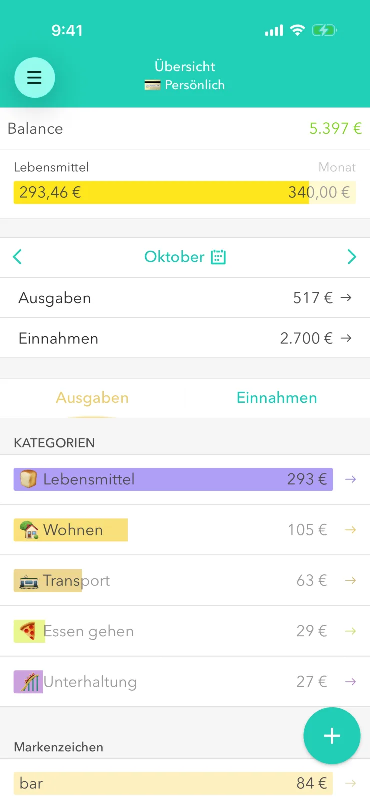 Unterer Teil des Bildschirms „Übersicht“ mit der runden Plus-Taste