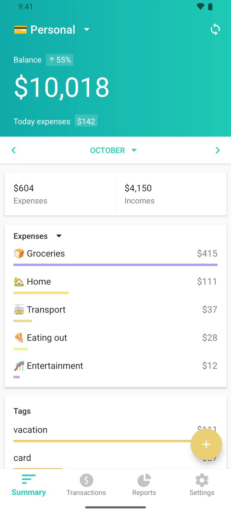 Moneon Summary screen on Android: balance $10,018, Groceries $415