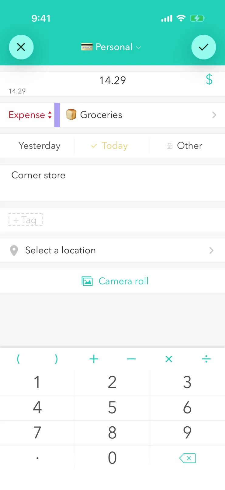 New expense: amount $14.29, category Groceries, note “Corner store”, keypad below