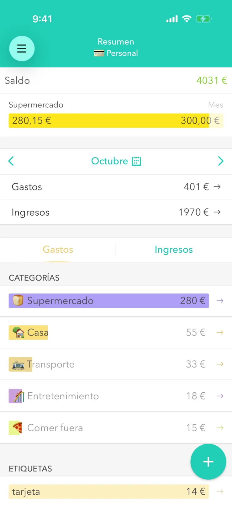 Pantalla «Resumen» de Moneon en iPhone: saldo 4031 €, presupuesto «Supermercado» 280,15 € de 300,00 €