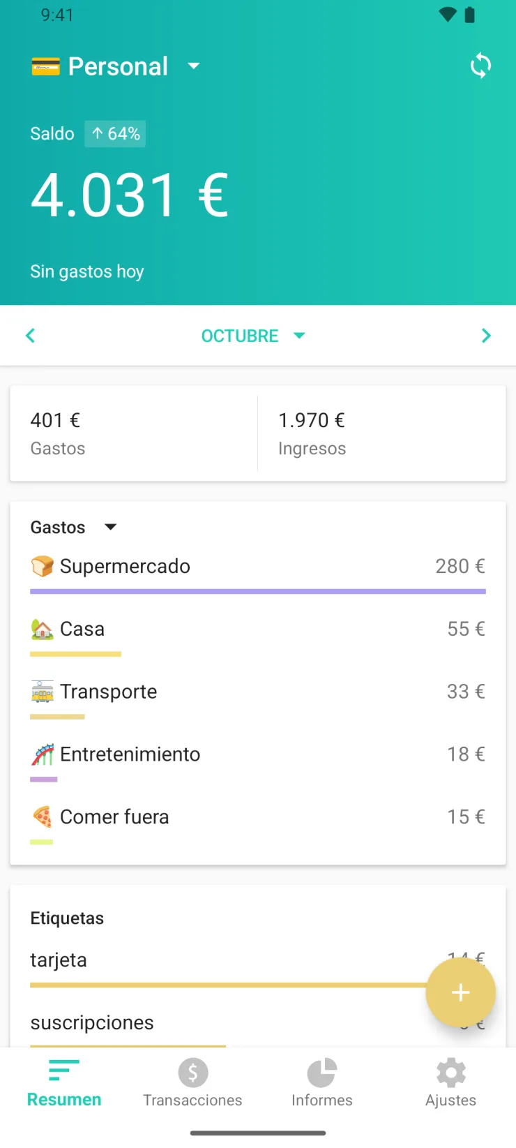 Pantalla «Resumen» de Moneon en Android: saldo 4.031 €, Supermercado 280 €