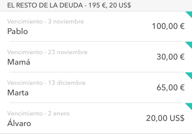 Parte de la pantalla de Moneon: deudas con plazo — Pablo 100,00 € hasta el 3 de noviembre, Mamá, Marta, Álvaro 20,00 US$ hasta el 2 de enero
