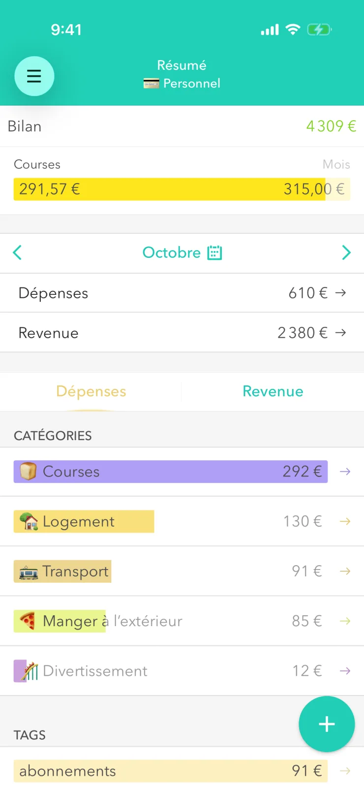 Écran « Résumé » de Moneon sur iPhone : bilan 4 309 €, budget « Courses » 291,57 € sur 315,00 €