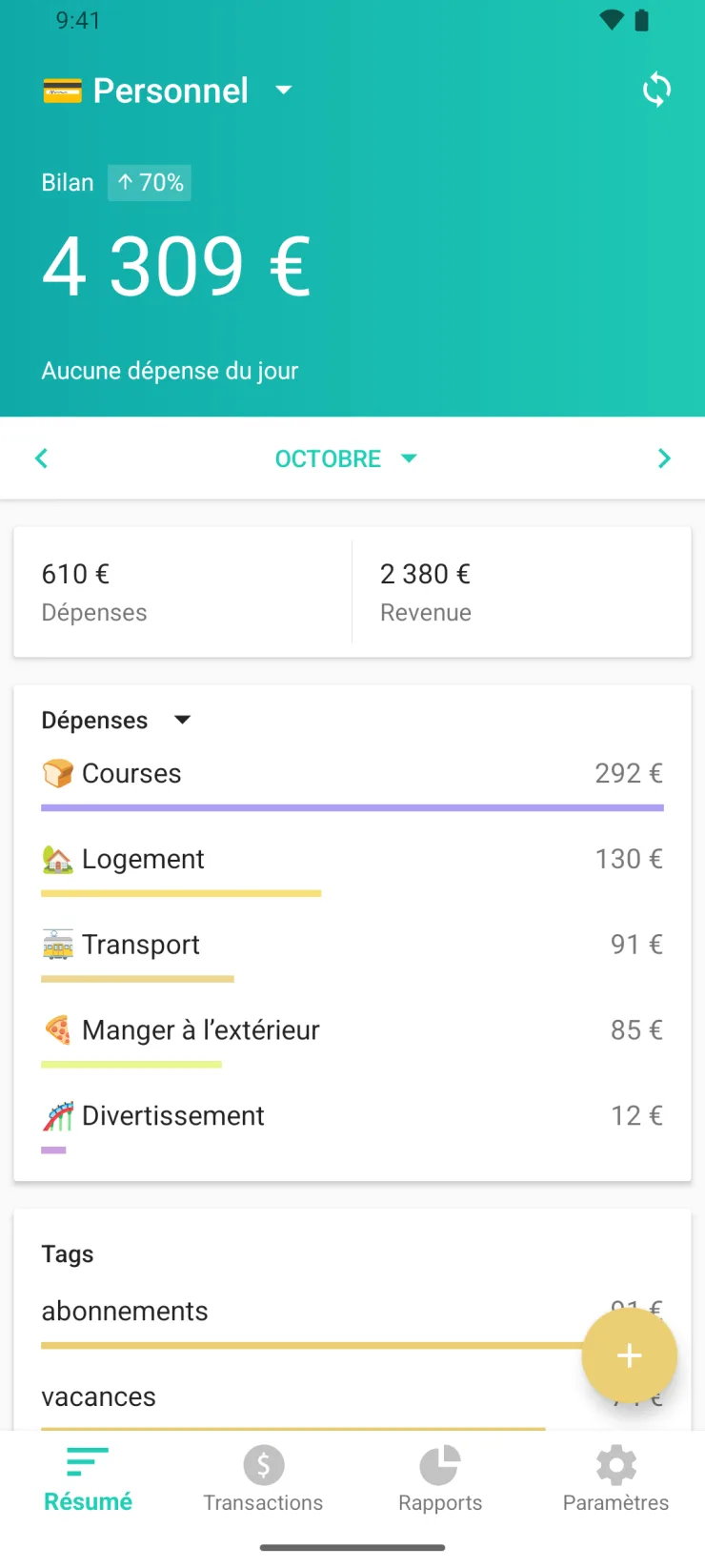 Écran « Résumé » de Moneon sur Android : bilan 4 309 €, Courses 292 €