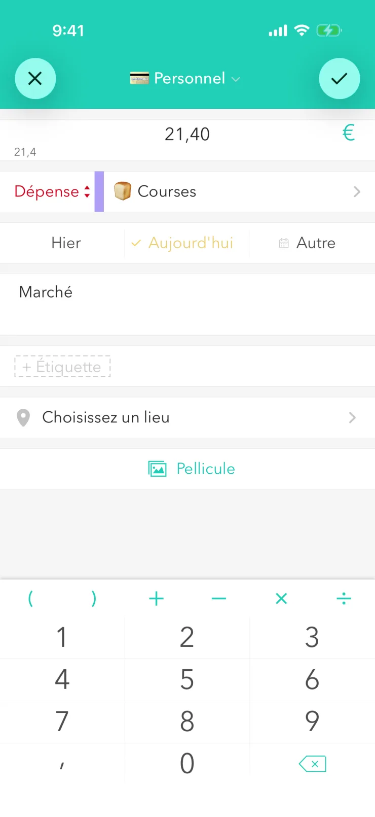Nouvelle dépense : montant 21,40 €, catégorie « Courses », note « Marché », pavé numérique en dessous