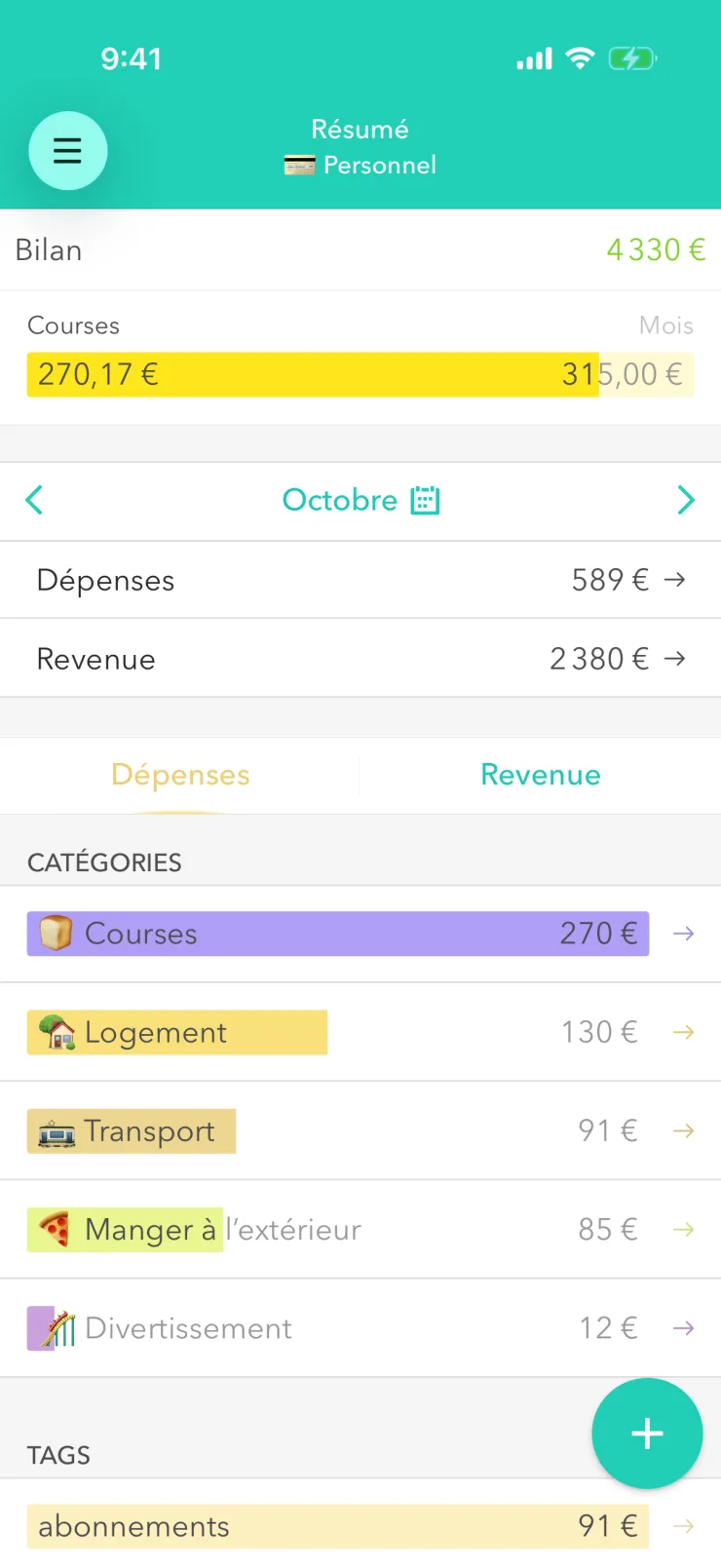 Bas de l’écran « Résumé » avec le bouton rond plus