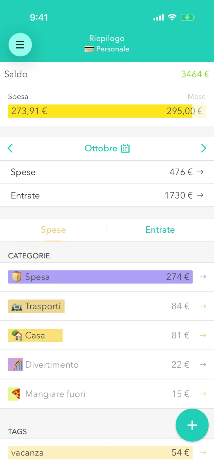 Schermata «Riepilogo» di Moneon su iPhone: saldo 3464 €, budget «Spesa» 273,91 € di 295,00 €