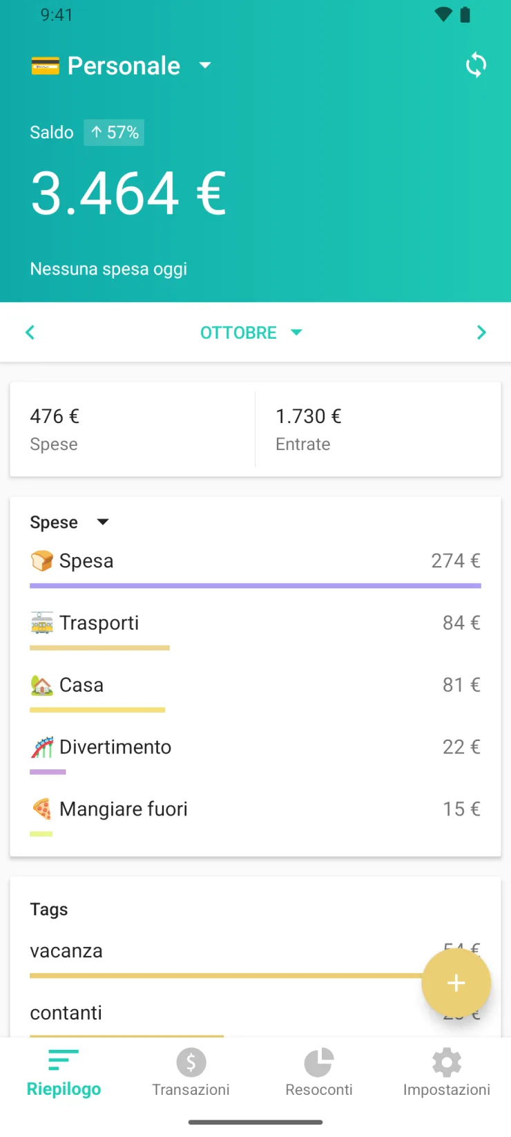 Schermata «Riepilogo» di Moneon su Android: saldo 3.464 €, Spesa 274 €
