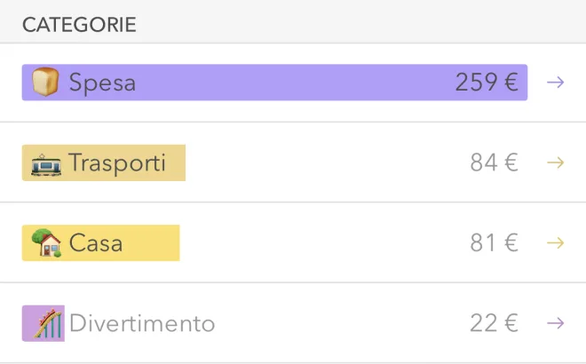 Parte della schermata di Moneon: sezione «Categorie» — Spesa 259 €, Trasporti 84 €, Casa 81 €, Divertimento 22 €
