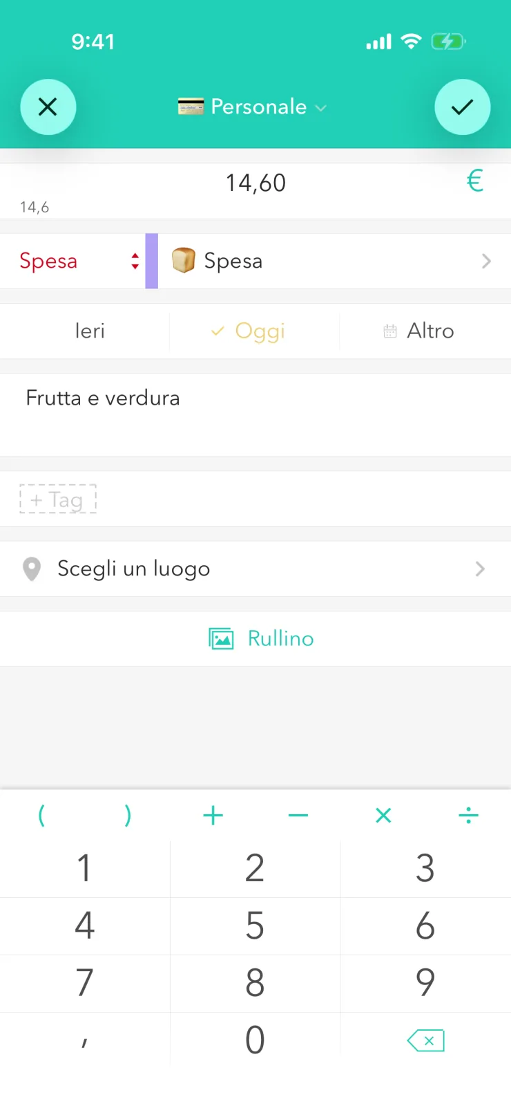 Nuova spesa: importo 14,60 €, categoria «Spesa», nota «Frutta e verdura», sotto il tastierino