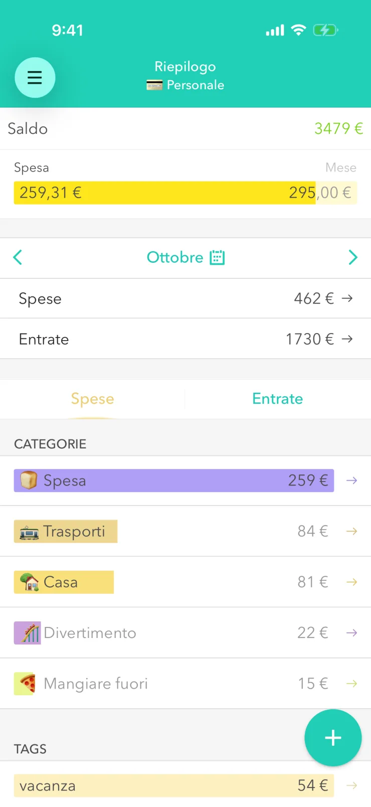 Parte bassa della schermata «Riepilogo» con il pulsante rotondo più