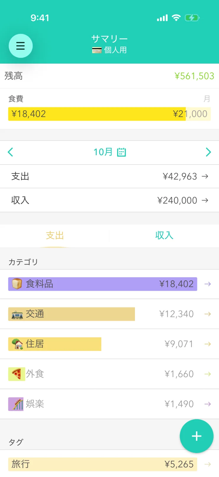 「サマリー」画面の下にある丸いプラスボタン