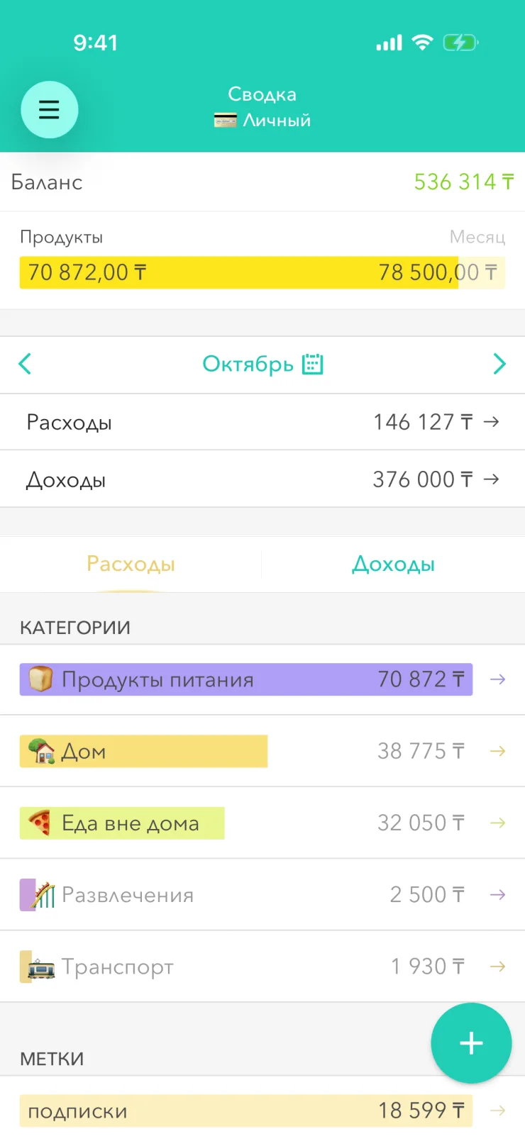 Moneon-ның басты экраны iPhone-да: баланс 536 314 ₸, азық-түлік бюджеті 70 872,00 ₸ / 78 500,00 ₸