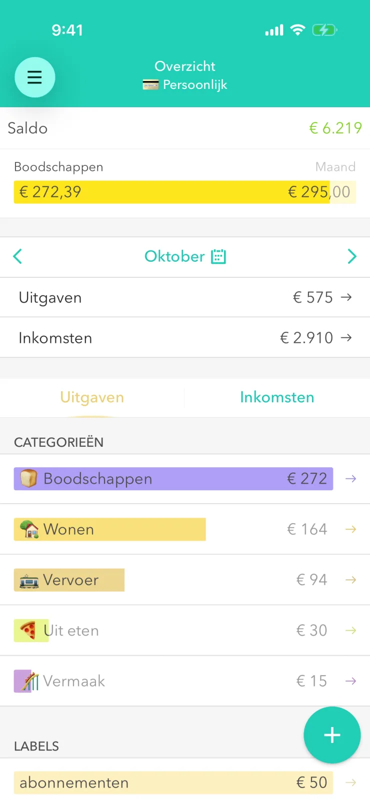 Scherm ‘Overzicht’ in Moneon op iPhone: saldo € 6.219, budget ‘Boodschappen’ € 272,39 van € 295,00