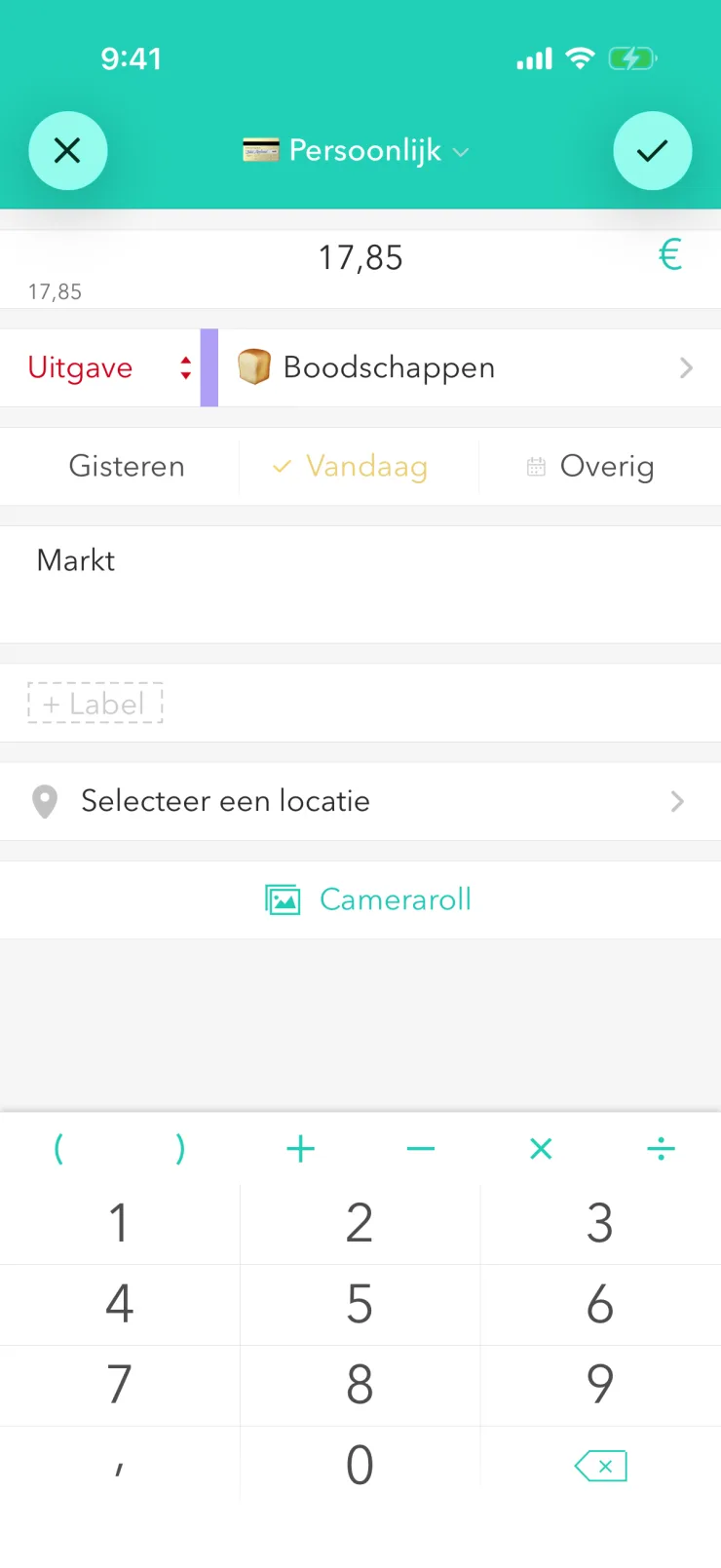 Nieuwe uitgave: bedrag € 17,85, categorie ‘Boodschappen’, notitie ‘Markt’, daaronder het toetsenblok
