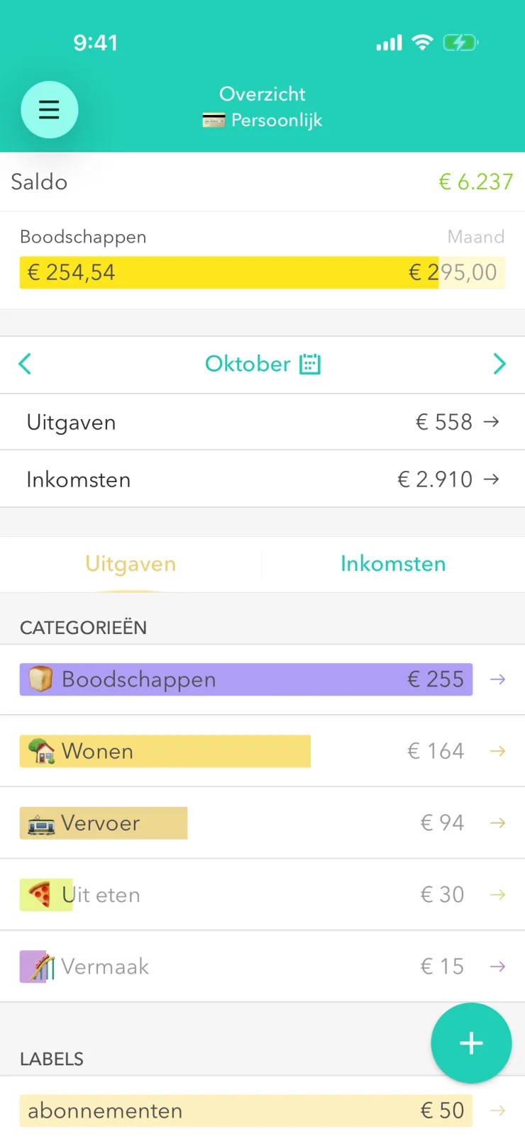 Onderkant van het scherm ‘Overzicht’ met de ronde plusknop