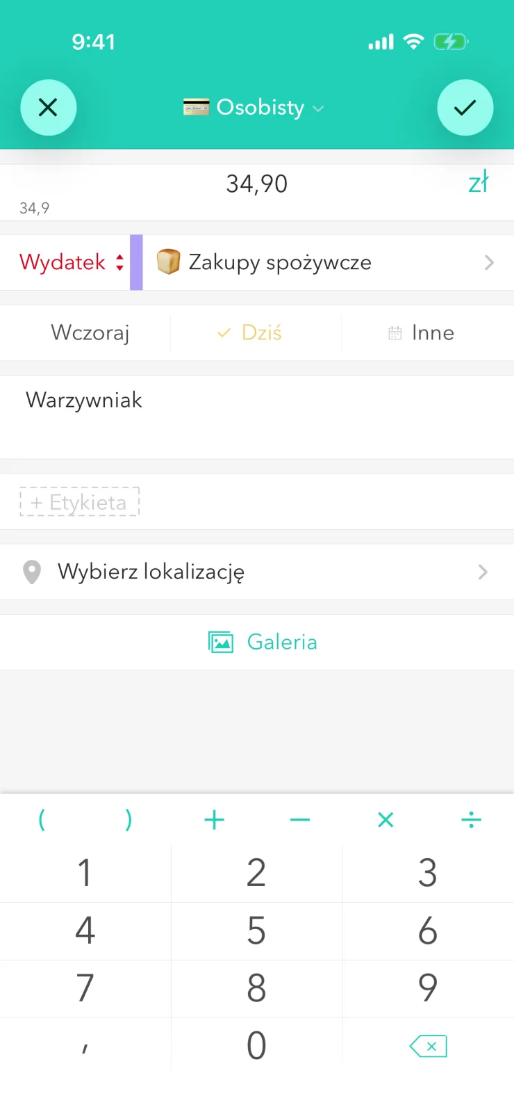 Nowy wydatek: kwota 34,90 zł, kategoria „Zakupy spożywcze”, opis „Warzywniak”, poniżej klawiatura