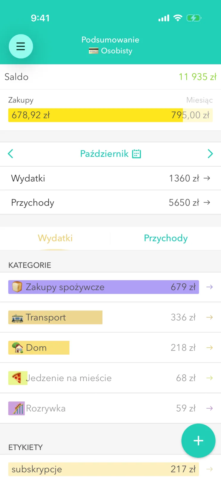 Dół ekranu „Podsumowanie” z okrągłym przyciskiem plus
