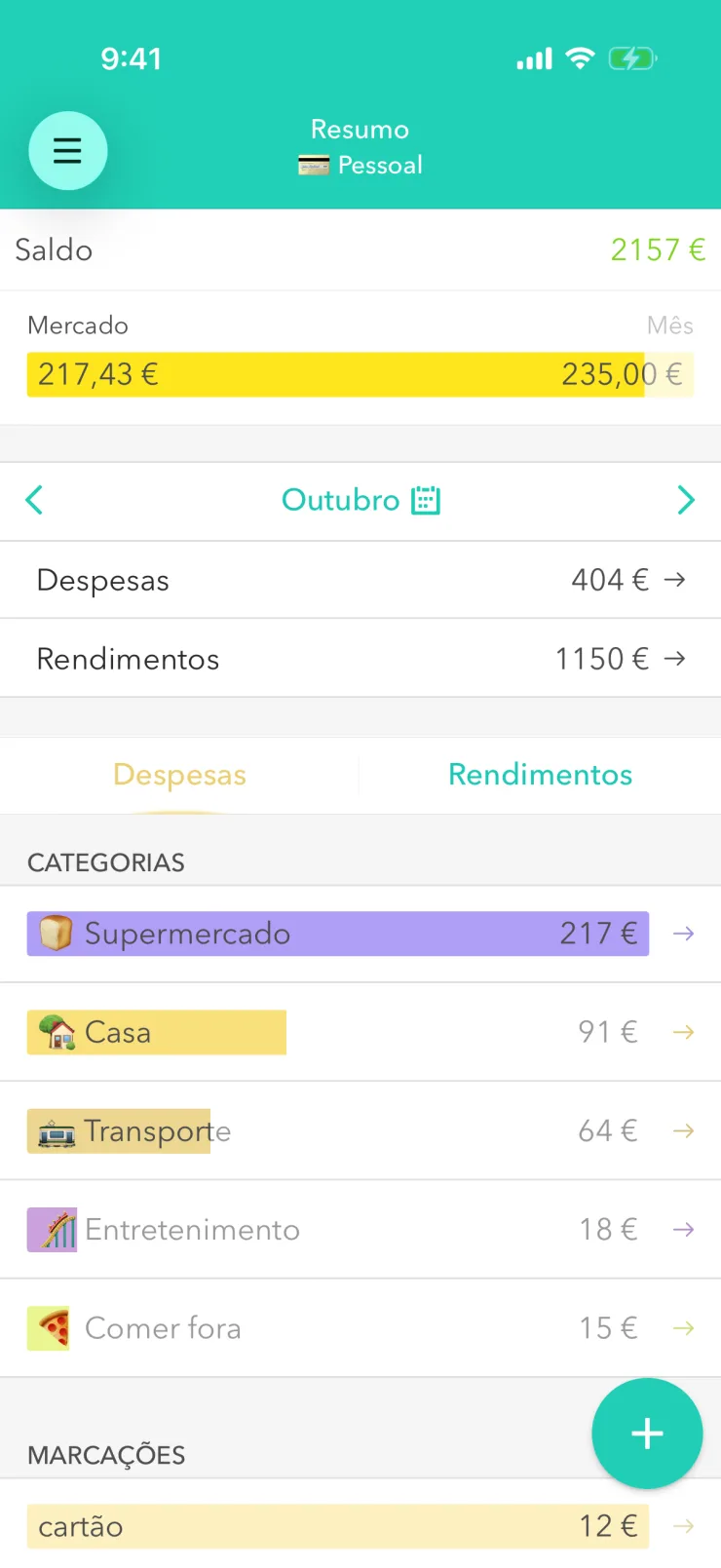Tela “Resumo” do Moneon no iPhone: saldo 2157 €, orçamento “Mercado” 217,43 € de 235,00 €