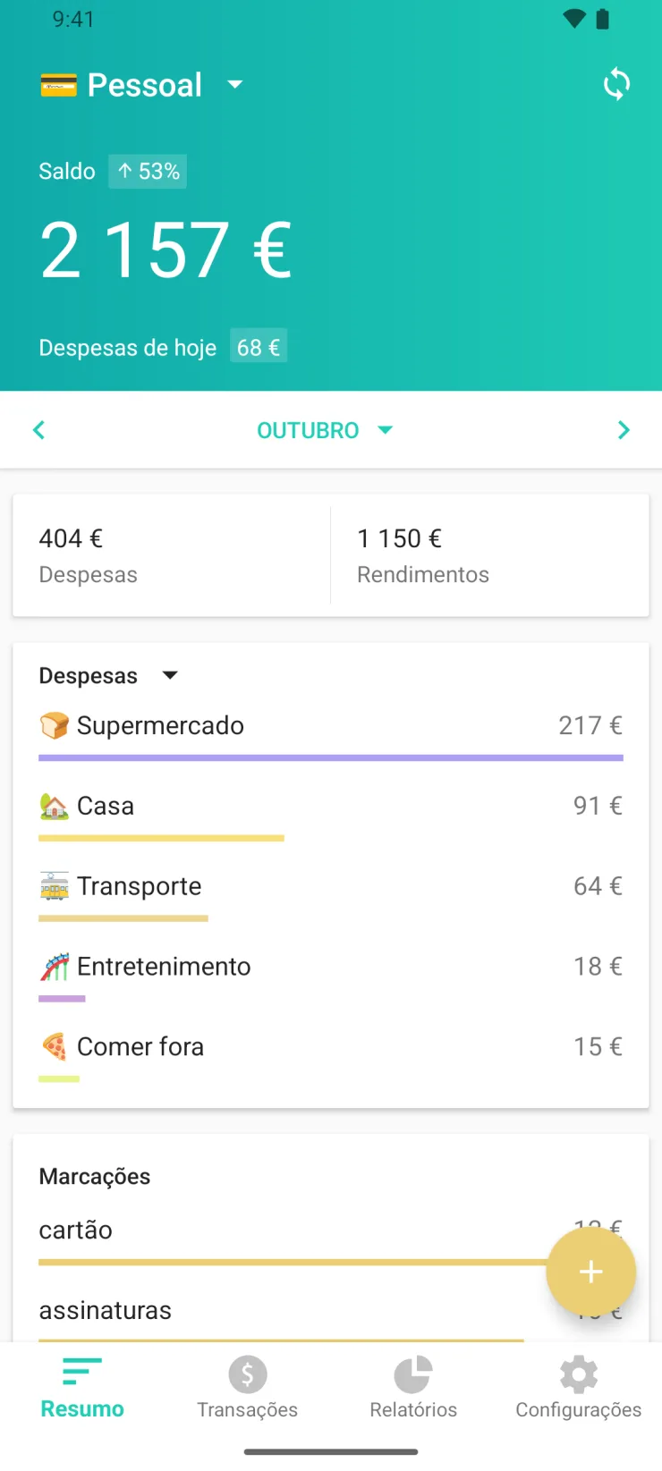 Tela “Resumo” do Moneon no Android: saldo 2 157 €, Supermercado 217 €