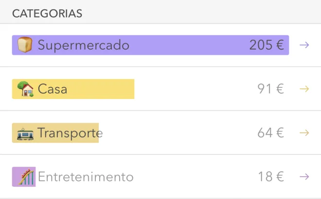 Parte da tela do Moneon: seção “Categorias” — Supermercado 205 €, Casa 91 €, Transporte 64 €, Entretenimento 18 €