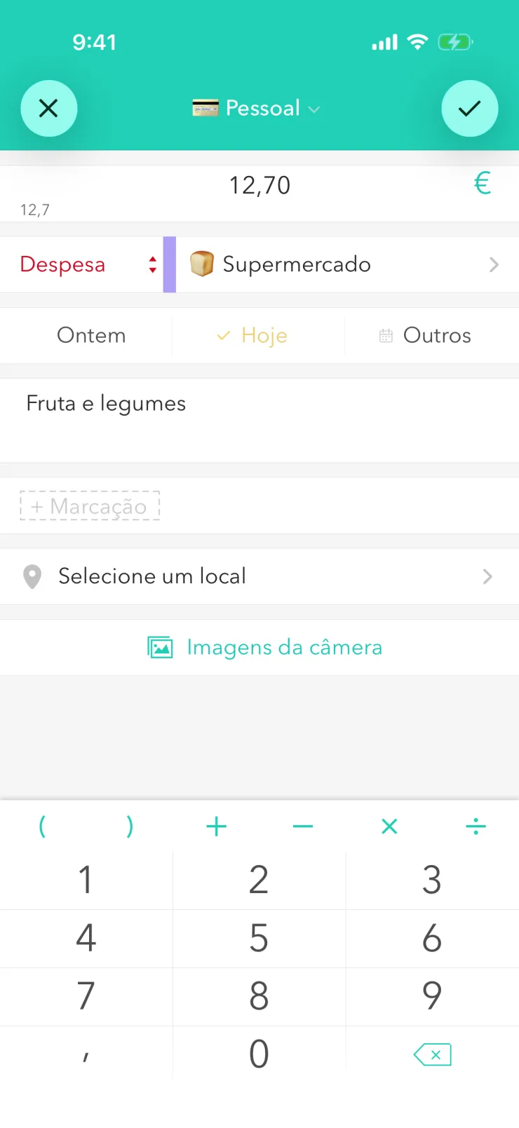 Novo gasto: valor 12,70 €, categoria “Supermercado”, nota “Fruta e legumes”, teclado abaixo