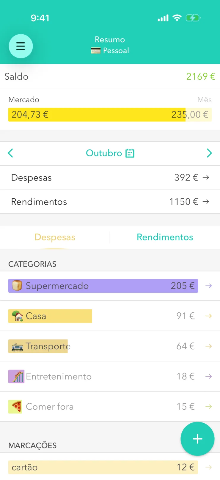Parte de baixo da tela “Resumo” com o botão redondo de mais