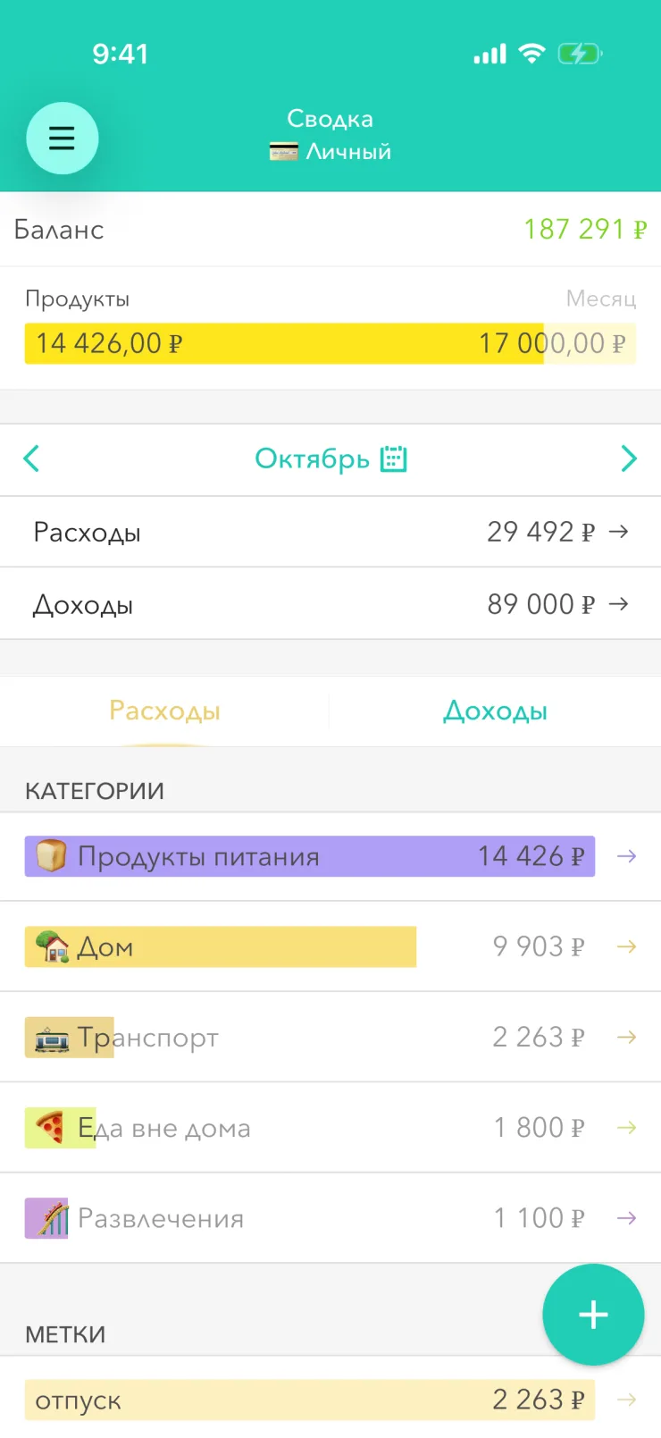 Низ экрана «Сводка» с круглой кнопкой плюс