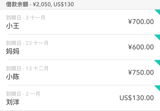 Moneon界面局部：带期限的债务 — 小王¥700.00，11⁠月3⁠日到期；妈妈、小陈；刘洋US$130.00，1⁠月2⁠日到期